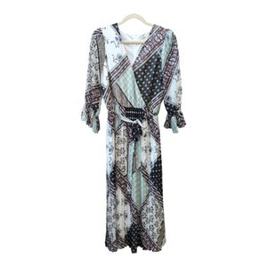 C established 1946 dress pleated long sleeve boho prairie patchwork print